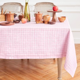 Solino Home Gingham Check Linen Tablecloth 90" L x 60" W Inch – 100% Pure Linen Marshmellow Pink Plaid Tablecloth – Farmhouse Rectangle Tablecloth for Valentines Day, Spring