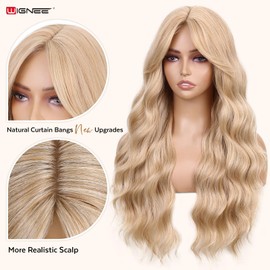 WIGNEE 26 Inch Long Curly Wavy Wig for White Women Synthetic Middle Part Honey Blonde Hair Wig Glueless with Bangs Natural Hairline Looking Wear and Go for Daily/Cosplay/Halloween