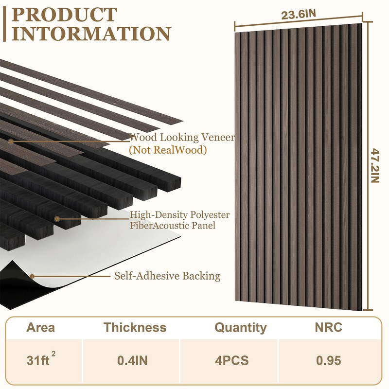 KERRAM 4-Pack Wood Veneer Acoustic Wall Panels Decorative Acoustical Panel