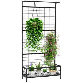 Outsunny Tall Plant Stand with Trellis and Hanging Bar, Metal Plant Holder Flower Stand for Vine Climbing Plants Flowers Indoor Outdoor Use, 36" x 12.8" x 74", Black