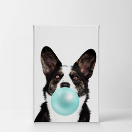 Smile Art Design Cute Corgi Dog Animal Bubble Gum Art Teal Blue CANVAS PRINT Photo Wall Art Home Decoration Pop Art Kids Room Decor Nursery Ready to Hang Made in the USA 17x11