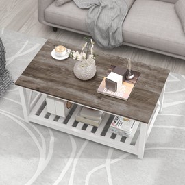 UYIHOME Farmhouse Coffee Table for Living Room, 2-Tier Rectangular Wooden Centre Cocktail Table with Slats Shelf Storage and V-Shaped Frame, Oak Grey