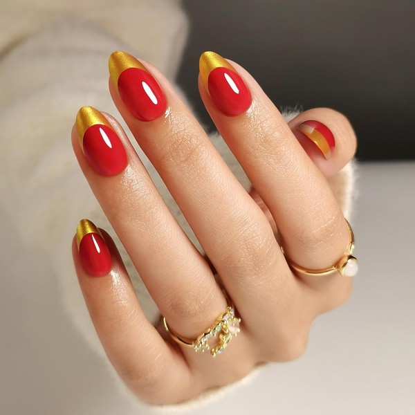 SHANGMENG Red and Gold French Tip Press on Nails Short