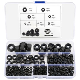 qxayxa 220 Pcs Nylon Lock Nuts, Hex Lock Nut Assortment Kit, Nylon Insert Hex Nut Set, Locknuts, Black Carbon Steel Self-Locking Nuts, Metric M3 M4 M5 M6 M8 M10 M12