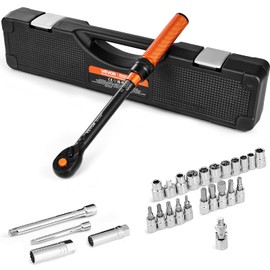 VEVOR 26Pcs Torque Wrench Set, 3/8 Inch Drive, 3.7-44.3FT.LB(5-60Nm), 72-Tooth Click Torque Wrench with Hex/Torx/Spark Plug Sockets, Extension Bars, 1/4 Adapter, for Bicycle Motorcycle Maintenance