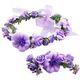 Love Sweety Rose Flower Crown Wreath Wedding Headband Wrist Band Set (Purple)