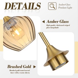 QianZhan 2Pack Amber Glass Pendant, 7 Inch Modern Gold Pendant Light Fixtures Vintage MiniCeiling Hanging Lamp for Kitchen Island Dining Room Bathroom Bedroom