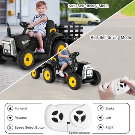OLAKIDS 12V Kids Ride On Tractor, 2 in 1 Electric Vehicle with Remote Control, Detachable Trailer, Toddlers Battery Powered Driving Toy with 2 Speeds, Music, USB, Bluetooth, Lights (Black)