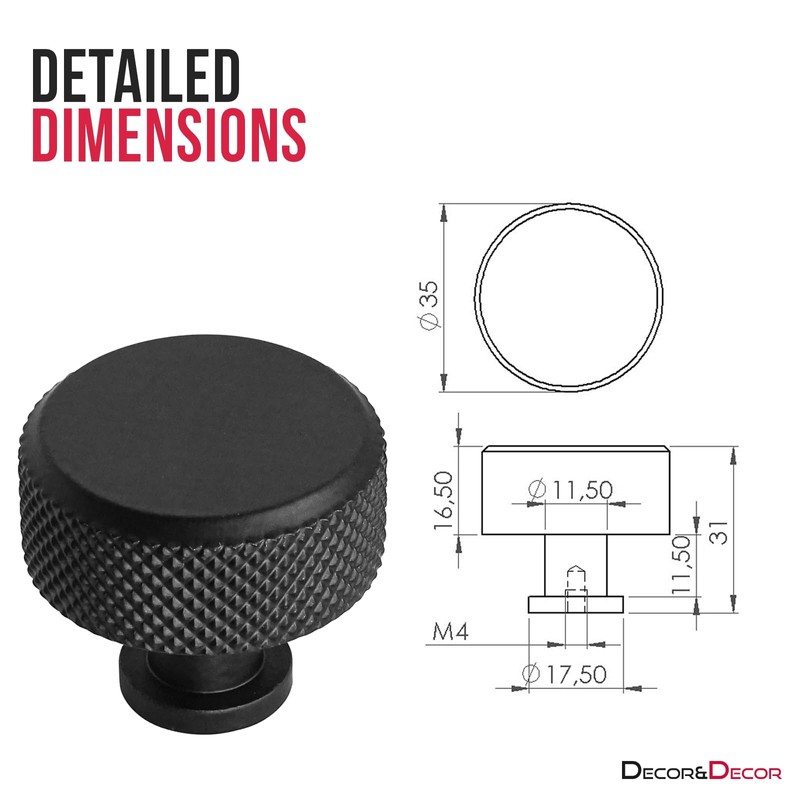 Decoranddecor Amelia Knurled 35mm Round Kitchen Cabinet Furniture Knobs Aluminium