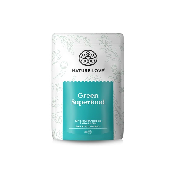 NATURE LOVE® Green Superfood - 300 g - 15 superfoods and 2 vital mushrooms - including barley grass, spirulina and moringa - greens powder without flavours, sweeteners or added sugar - vegan and