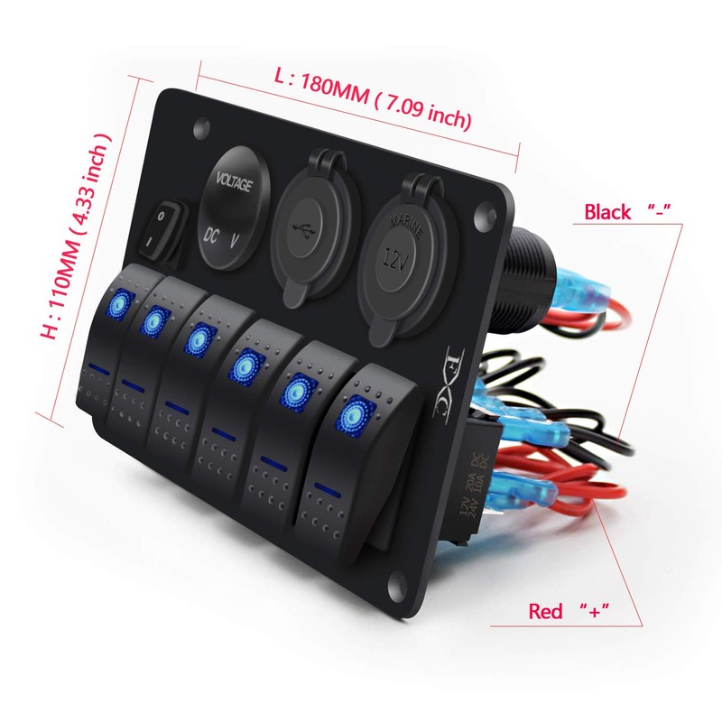 FXC Waterproof Marine Boat Rocker Switch Panel 6 Gang with