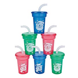 Fun Express Set of 12 Pieces Mini Christmas Sipper Cups with Straws and Lids, Each Holds 6 oz, BPA Free Plastic, Holiday Party Supplies, Multi-Color