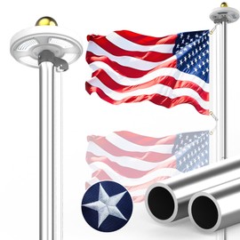 Bknius 100MPH 12 Gauge Flagpole Kit with Solar Light and Flag 2mm Thick, Heavy Duty Flag Pole Holder With Light Solar Powered, Flagpole Kit 20FT Silver With Pulley and Rope, for Outside Use(Solar Light Silver and Black Random)