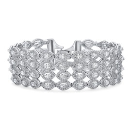 Art Deco Style Bridal Jewelry AAA CZ Marquise Cubic Zirconia 4 Row Wide Tennis Bracelet, Silver Plated 7.5 Inches. Perfect for Weddings Formal Party