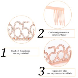 Semato 65th Birthday Gifts for Women 65th Rose Gold Birthday Crown and Sash Kit 65th Birthday Decorations for Women 65th Birthday Party Supplies