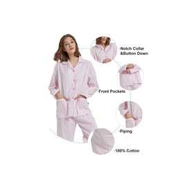 GLOBAL Women's 100% Cotton Pajama Sets | Two-Piece Soft Long-Sleeved PJs With Pants for All Seasons | Button Down Front Top and Drawstring Waist Bottom Nightwear