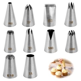 Set of 10 Professional Piping Nozzles, Large Nozzles for Piping Bags, Star Extruder for Decorating Cupcakes and Cakes, the Ideal Tool for Baking Lovers
