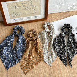 Fashion Flower Hair Scarf with Ribbon Bow Scrunchies for Women Girls, Bow Scrunchies for Hair, Ribbon Hair Ties with Bow, Chiffon Hair Ribbon Long Hair Bands Ties Ponytail Holder (4PCS small flower)