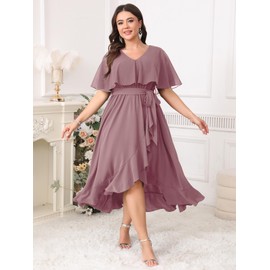 Women Plus Size Long Formal Dress Short Sleeve Chiffon Ruffle V Neck High Low Split Wedding Guest Maxi Dresses Dusty Pink