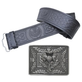 Leather Kilt Belt and Buckle Set, Scottish Thistle Embossed Belt with Silver Antique Celtic Knot Buckles Crafted Pewter – Kilt Belts For Men (Thistle Crest, Silver - Antique, XL, 44-48 Inch)