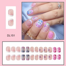 24 Pcs Easter Press on Nails White French Tip Fake Nails Cute Bow Bunny & Colorful Flower Designs Short Square False Nails Glossy Pink Acrylic Nails Full Cover Stick on Nails for Women Nail Art DIY