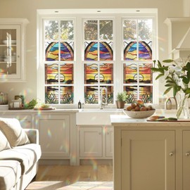 Decorative Sunset Stained Glass Window Film, Sunset Stained Glass Window Film for Bathroom Door Heat Anti UV