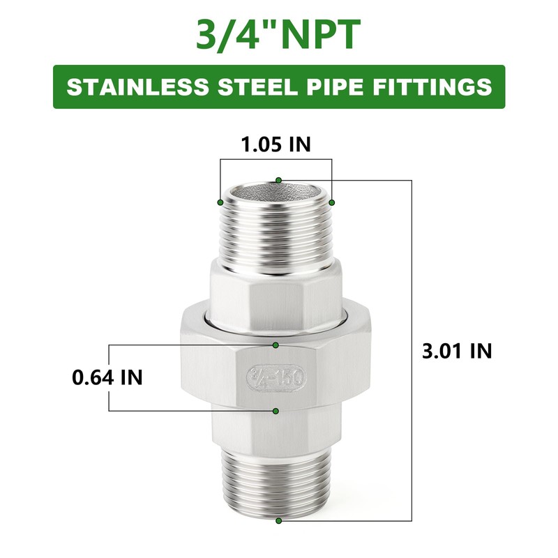 TAISHER 1PCS 304 Stainless Steel Union，3/4" NPT Male x 3/4"