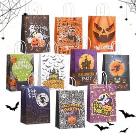 BYHANG 30 Bolsas Halloween Dulces, Bolsas para Dulces Halloween con asas,10 Diseños Impresos de Terror, Calaveras, Telarañas, Fantasmas y Más | Para C