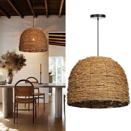 Arturesthome 19.68" Rustic Pendant Light for Kitchen Island,1 Light Boho Pendant Lampshade Wicker Farmhouse Chandelier for Dining Room Hallway Foyer