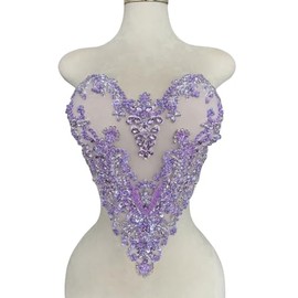 ESOSZNUA Handmade Rhinestones Beads Applique sew on Crystal Sequins lace Trim Patches Accessories for Dress Clothing Shiny Bead Decorative Material 15.7X15.9inches (Violet)