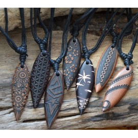 CHICNET Wooden Surfer Necklace Engraved Cotton Adjustable Dark Brown Brown Surfboard Women Men Wooden Chain Waves Palm Tree Star Hibiscus Flower of Life Mandala Spiral, Wood