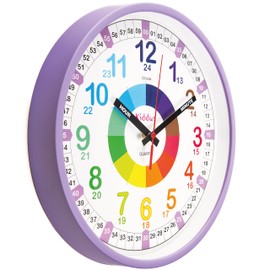 Kiddus Wall Clock for Boys and Girls. Silent Analogue Time Teacher with Exercises. Easy to Read and Learn the Time. 30cm diameter XL Purple
