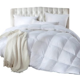 Luxurious Full / Queen Size Goose Down Feather Fiber Comforter Duvet Insert, Ultra-Soft 100% Cotton Cover, 60 oz. Fill Weight, All-Season White Solid Comforter