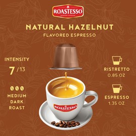 Roastesso, Aluminum Espresso Capsules, Natural Hazelnut Flavored Coffee, Compatible with Nespresso Original Machines, Medium Roast Intensity 7, Recyclable Coffee Pods, Packed in USA (40 Count)
