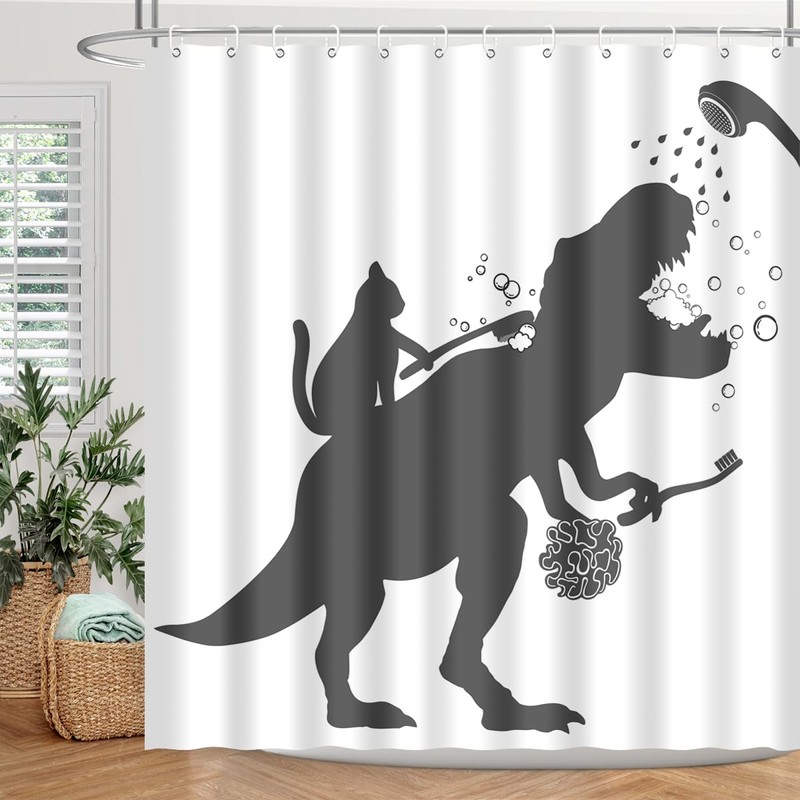 BIYSUC Cat Dinosaur Shower Curtain Funny Cat Help Dino Bathe