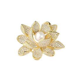 Dainty Gold Rhinestone Flower Brooch Graceful Luxurious CZ Pearl Floral Brooch Pin Trendy Banquet Jewelry Accessories Gift for Women Ladies (Gold White)