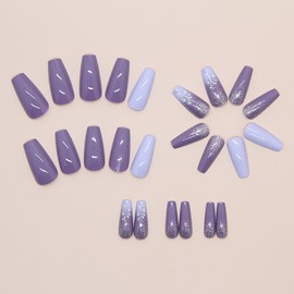 CJDLTS Light Purple False Nails Gradient Press on Nails Medium Ballet Shaped Nails Flower Pattern Design French Stick on Nails Cute Fake Nails Artificial Coffin Nails Acrylic Glue on Nails for Women