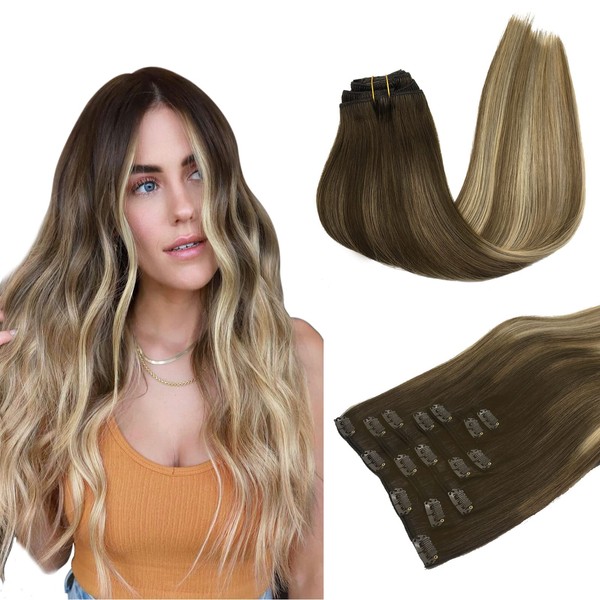 MAXITA Real Hair Extensions, 50 cm, 20 Inches, 120 g, 7 Pieces, Walnut Brown to Ash Brown and Bleach Blonde, Clip-In Extensions, Real Hair, Remy Hair Extensions, Natural Real Hair Extensions
