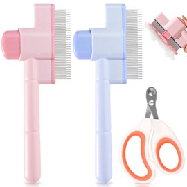 Auuyban 3Pcs Self Cleaning Pet Flea Comb Grooming Brush Set, Cat Hair Fine Tooth Combs for Indoor Cats Shedding with Round Hole Nail Clipper