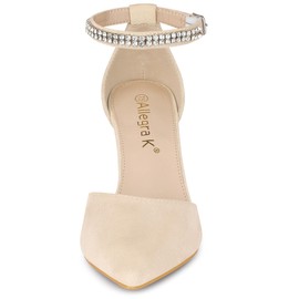 Allegra K Women's Pointed Toe Rhinestone Ankle Strap Beige Chunky Heels Pumps - 8.5 M US