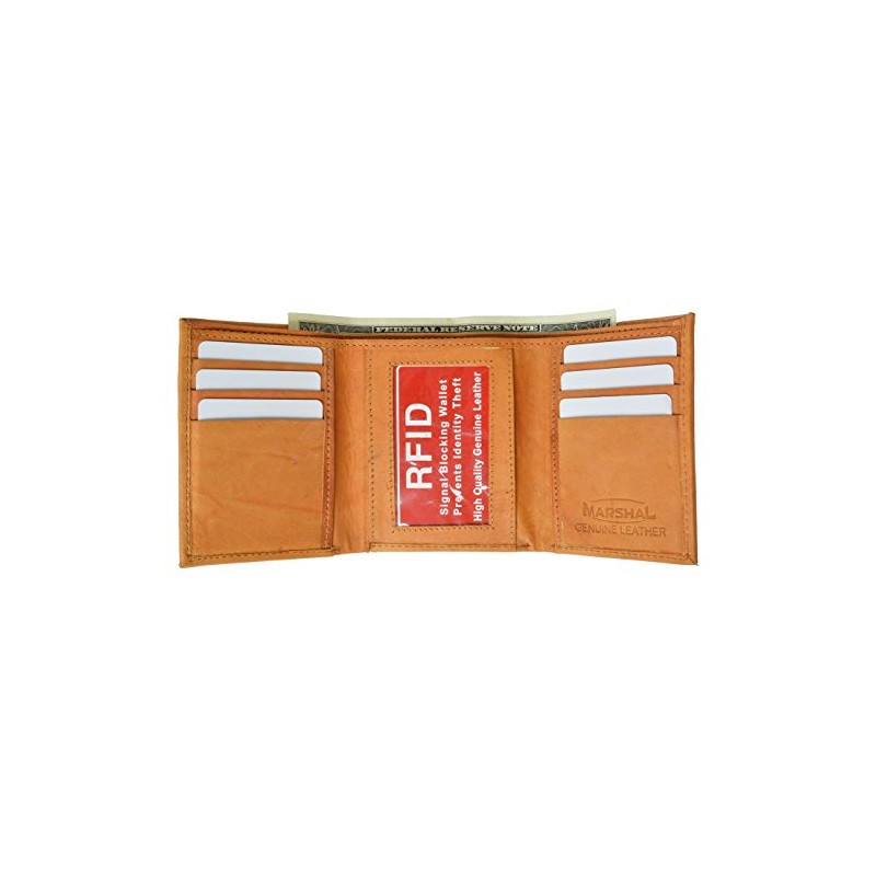 MARSHAL Mens Trifold Leather Wallet RFID Blocking Tan New