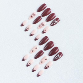 Wine Red Press on Nails Medium Almond Fake Nails with Pearl Cherry Rhinestones Designs French Tips Bow Acrylic Nails Glue on Nails Cute Full Cove with Bow Stick on Nails for Women Girls Decor 24PCS