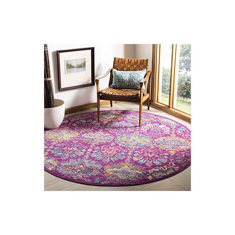 SAFAVIEH Madison Collection 6'7" Round Fuchsia/Blue MAD144F Boho Chic Damask