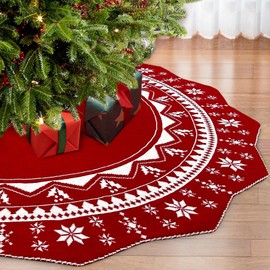 OurWarm Christmas Tree Skirt 60 Inch, Knit Red Tree Skirt with Poinsettia Pattern, Rustic Double-Sided Large Knitted Xmas Tree Skirt for Christmas Tree Indoor Holiday Party Christmas Decorations