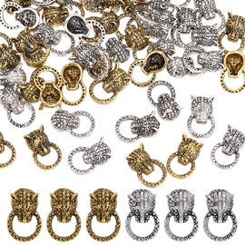 HOBBIESAY 60Pcs 2 Colors Leopard Head Alloy Cabochons Feline Animal Theme Nail Art Charms Pull Ring Design Manicure Jewels Retro Wild Style Nail Art Decorations for Nail Art Supplies