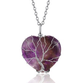 Bestyle Tree of Life Heart Crystal Necklaces February Birthstone Pendant for Women, Nature Amethyst Gemstones Healing Crystal Necklaces, Love Statement Jewelry Birthday Gifts