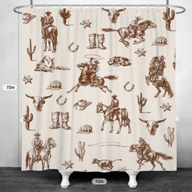 EOVDSFW Western Cowboy Shower Curtain for Bathroom Set Cattle Desert Cactus Country Farmhouse Countryside Vintage for Standard Bath 72 x 72 Inch Decorative Polyester Fabric Cloth Waterproof Decor