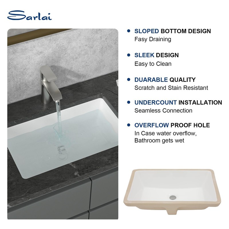 Sarlai Undermount Bathroom Sink - 21 x 13 inch Rectangular