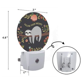 Axayaz Cute Sloth Dusk to Dawn Round Night Light Pink Flowers Follow Your Dreams Animal On The Tree Branch Leaf Black Auto Sensor Lamp Home Indoor Stairway Kitchen Corridor