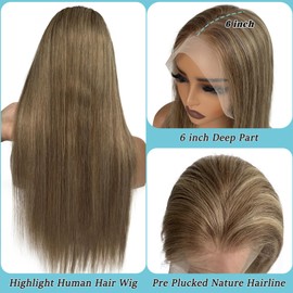 Ombre Brown 13X6 HD Lace Front Wigs Human Hair for Women 20Inch Straight Highlight Chestnut Brown Mixed Beige Blonde Glueless Lace Frontal Wig Deep Part 180% Density Pre Plucked with Baby Hair